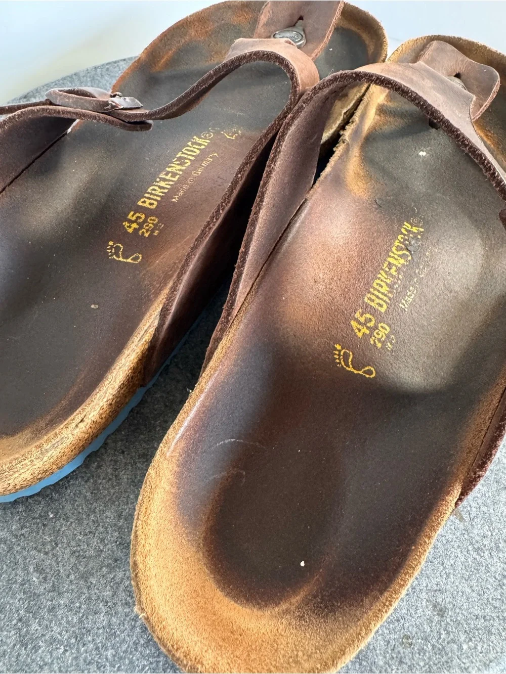 Birkenstocks Gizeh Dark Brown Leather Sandals Blue Soles 45